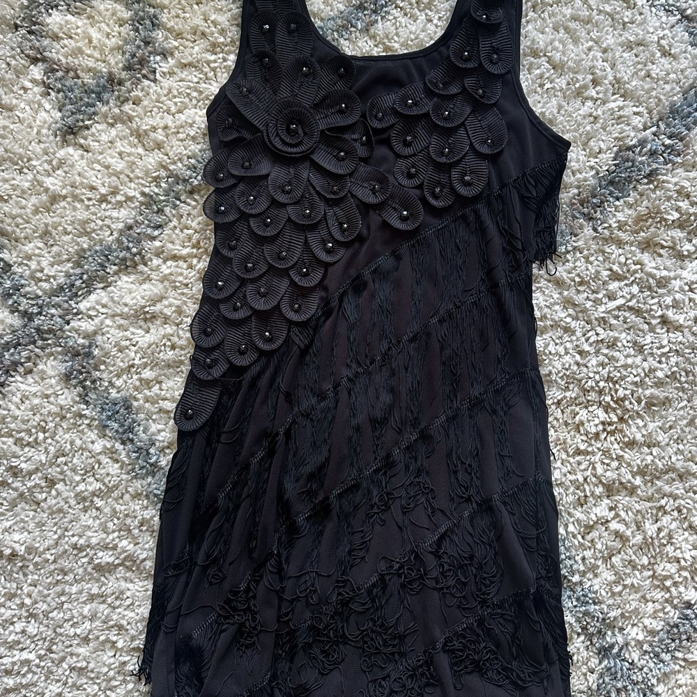 Women 1920s Beaded Fringe Scalloped Petal Hem Origami Flapper Dress Sz M